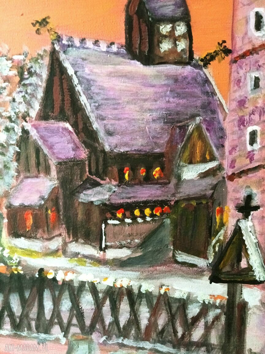 Świątynia Wang w Karpaczu - ręcznie malowany obraz akrylowy na płótnie (30x40x2 cm)
