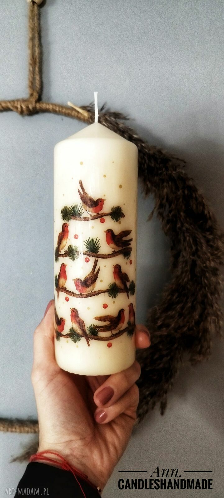 Świeca dekoracyjna 18 cm z motywem ptaków - świąteczny handmade