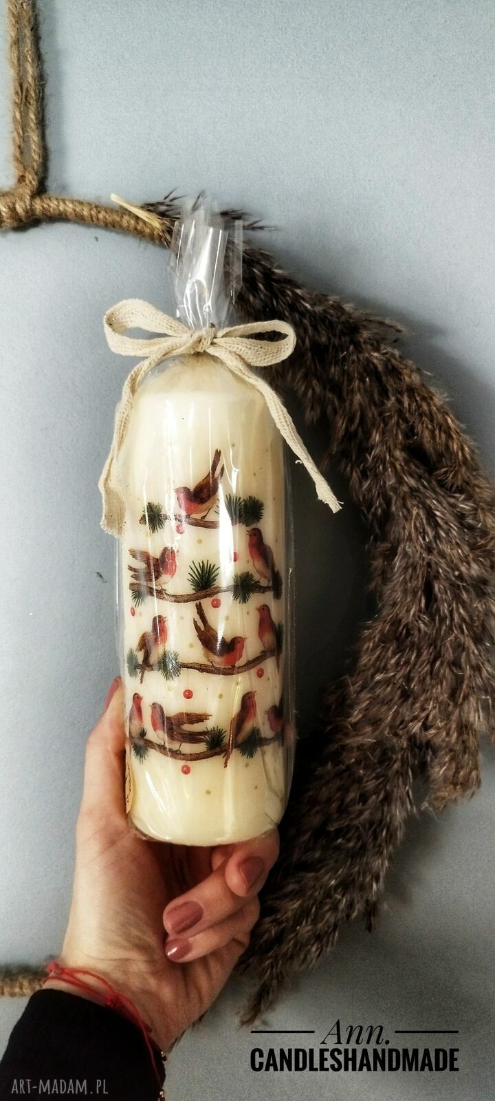 Świeca dekoracyjna 18 cm z motywem ptaków - świąteczny handmade