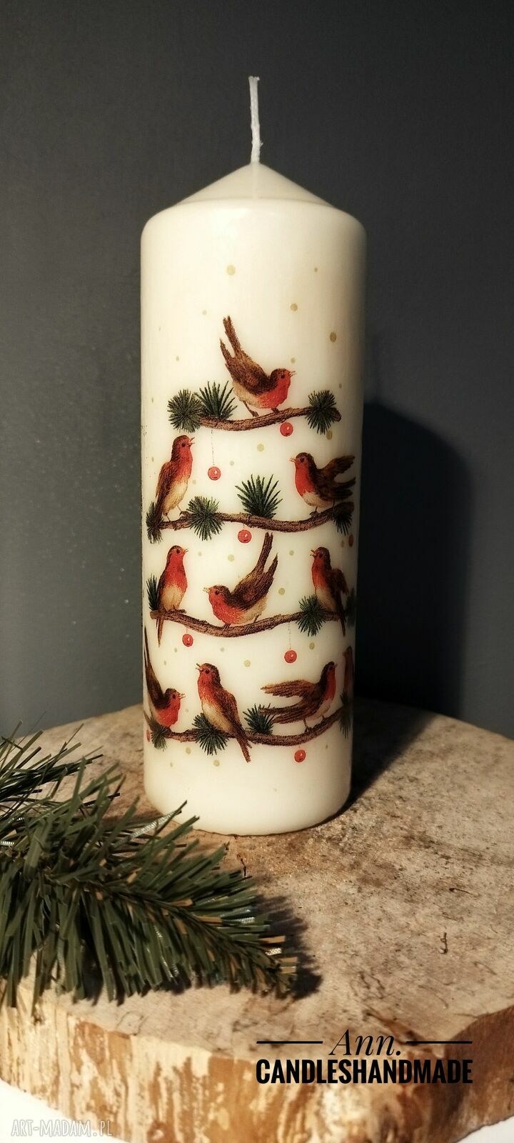 Świeca dekoracyjna 18 cm z motywem ptaków - świąteczny handmade