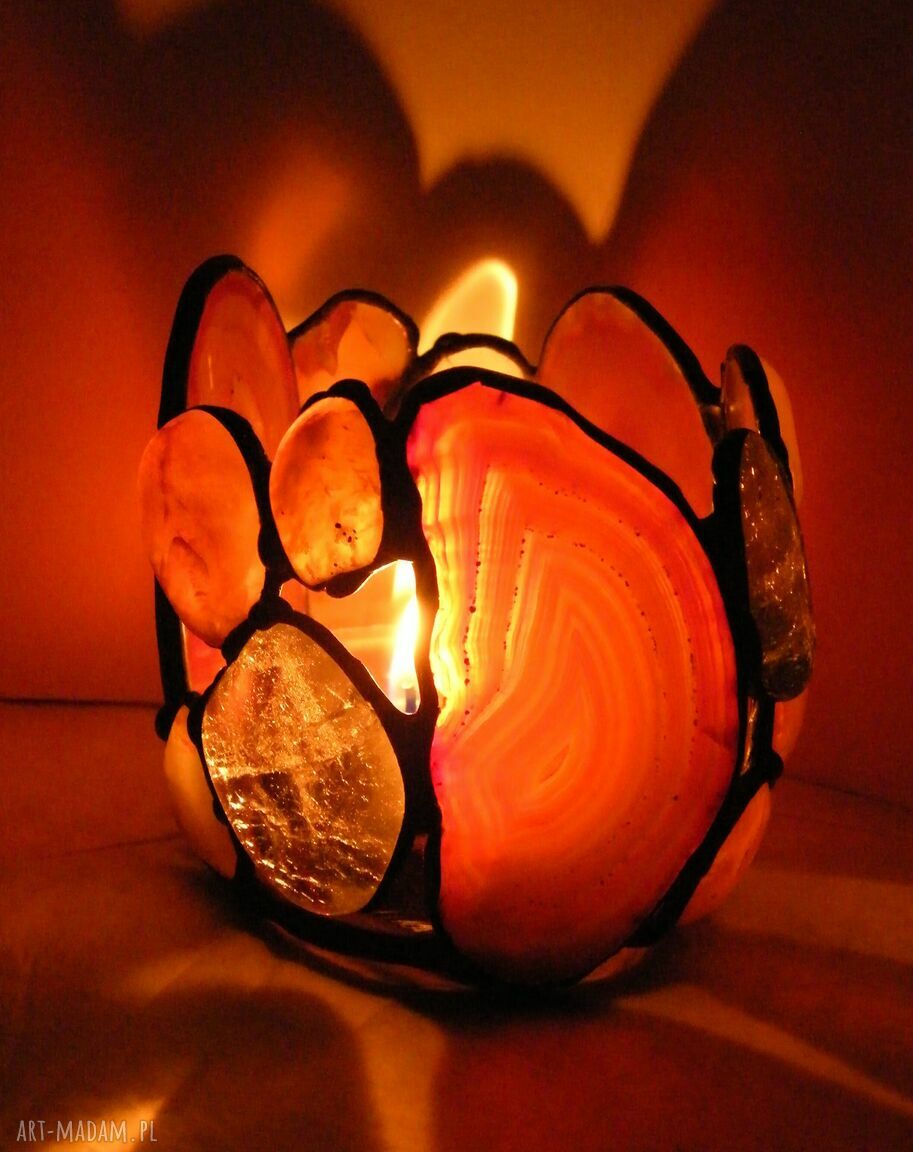 Świecznik brązowy z agatami - ręcznie robiony Tiffany na tealight