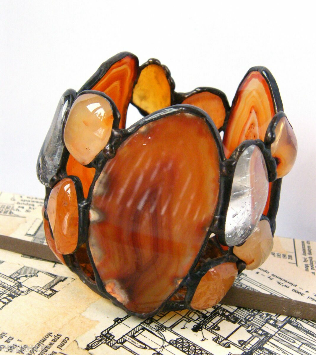 Świecznik brązowy z agatami witrażowy Tiffany na tealight