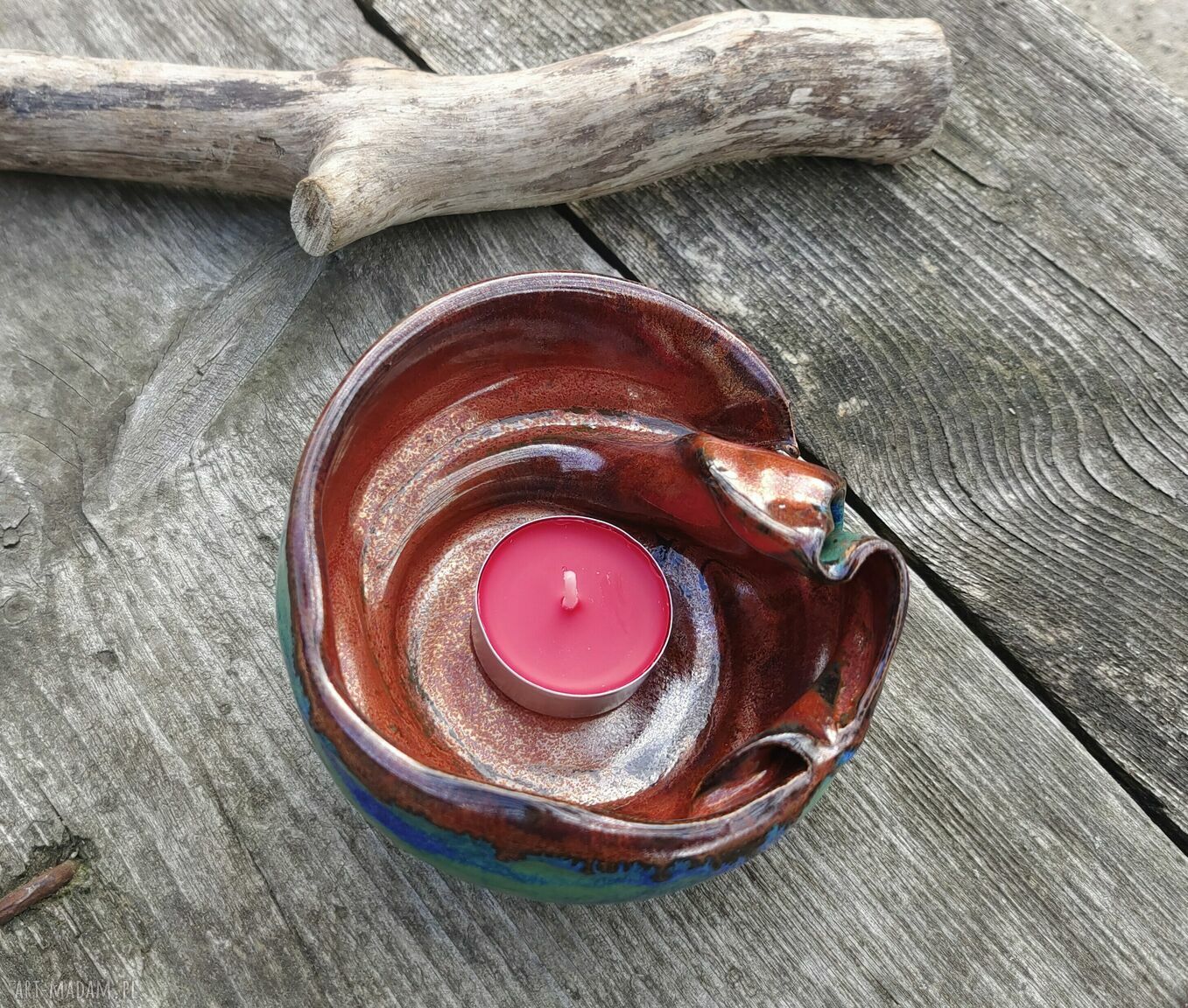 Świecznik ceramiczny c811 w odcieniach turkusu i miedzi