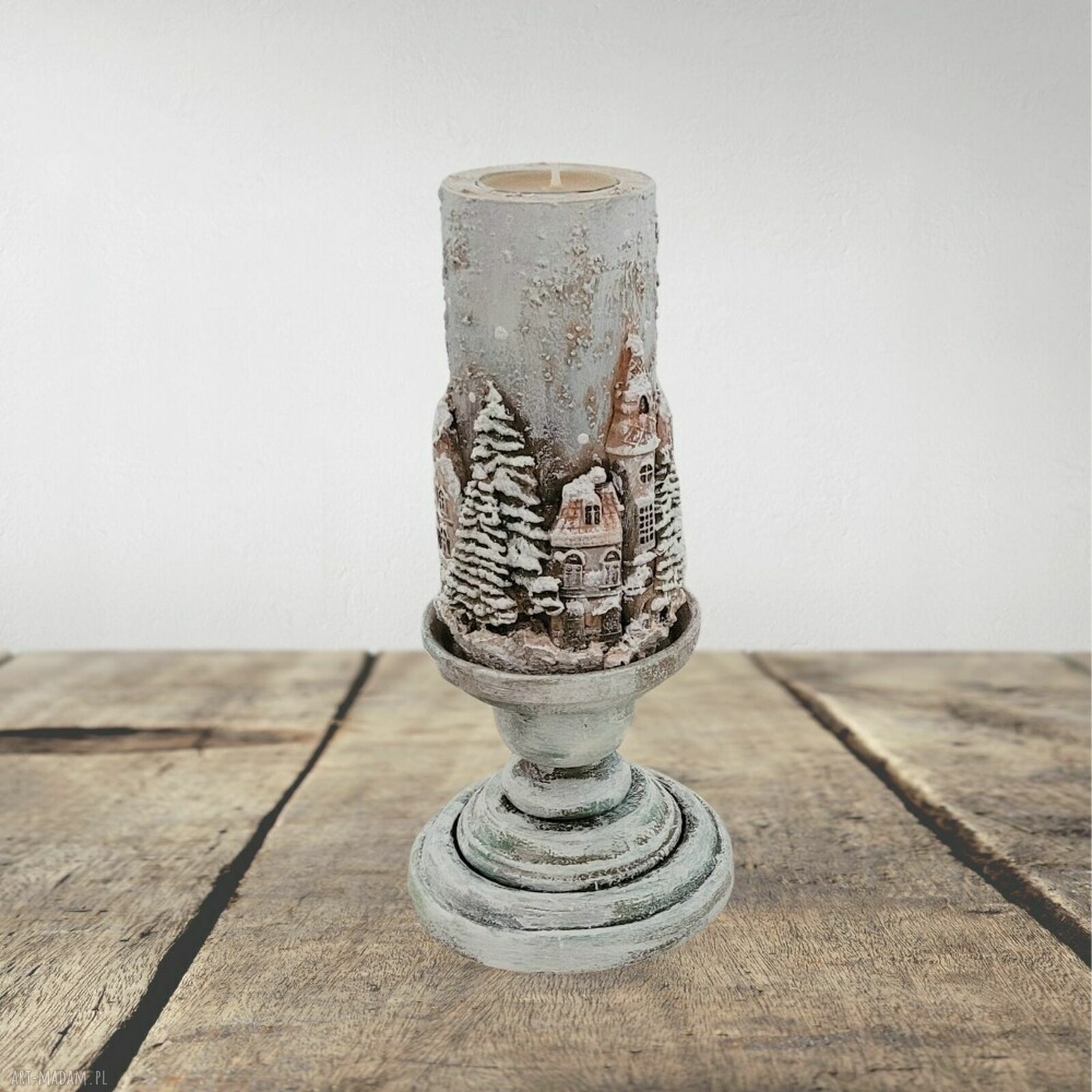 Świecznik na tealight z zimową uliczką - rustykalne dekoracje