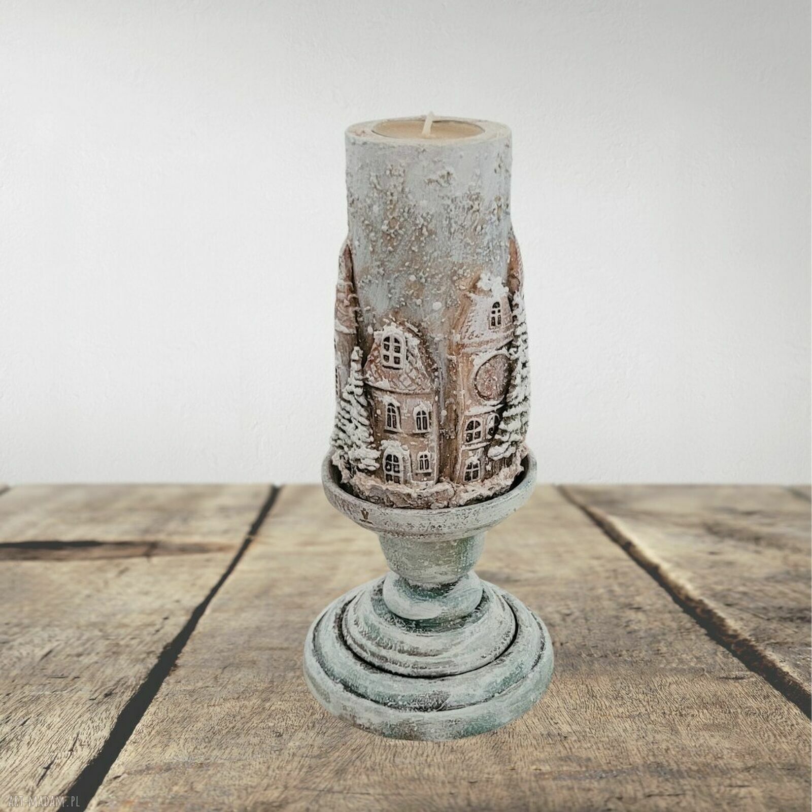 Świecznik na tealight z zimową uliczką - rustykalne dekoracje