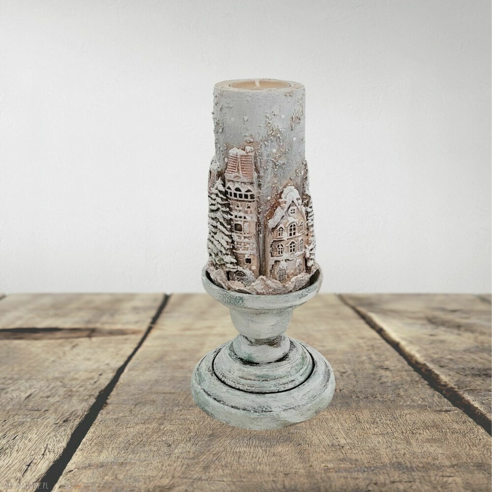 Świecznik na tealight z zimową uliczką - rustykalne dekoracje