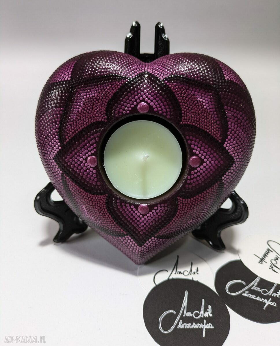 Świecznik tealight z mandalą - serce zdobione techniką dotting