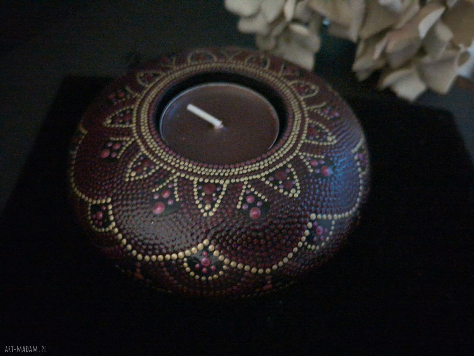 Świecznik Tealight Mandala - ręcznie robiony dotting w kolorach bordo, róż i złoto