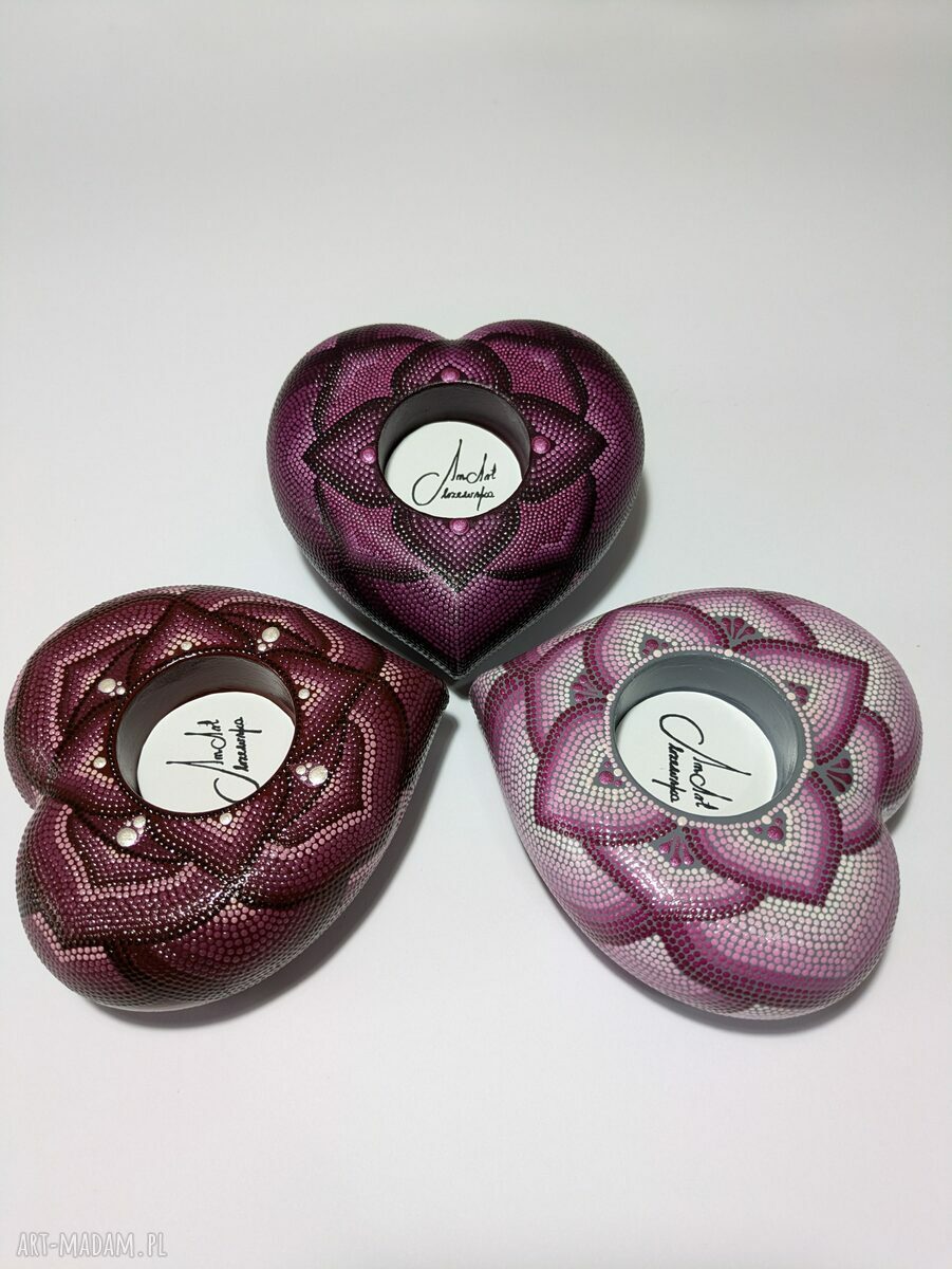 Świecznik tealight z mandalą - serce zdobione techniką dotting
