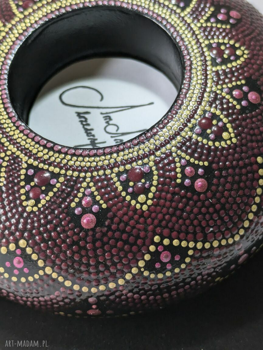 Świecznik Tealight Mandala - ręcznie robiony dotting w kolorach bordo, róż i złoto