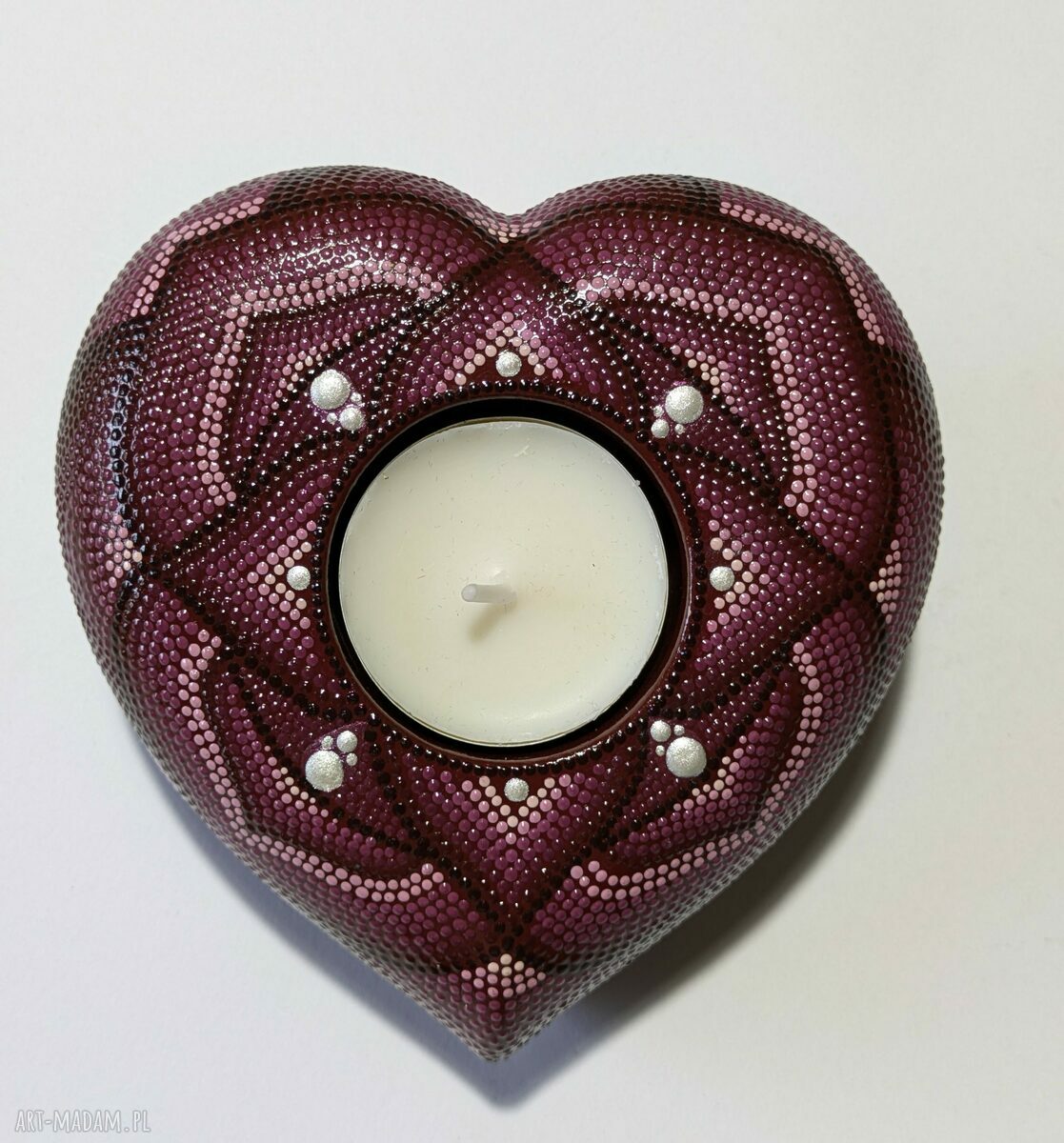 Świecznik tealight z mandalą - serce zdobione techniką dotting