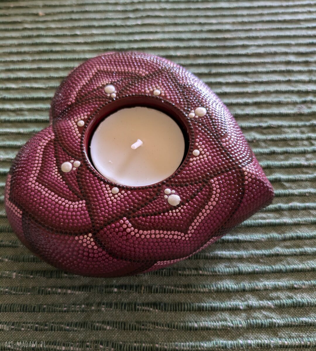 Świecznik tealight z mandalą - serce zdobione techniką dotting