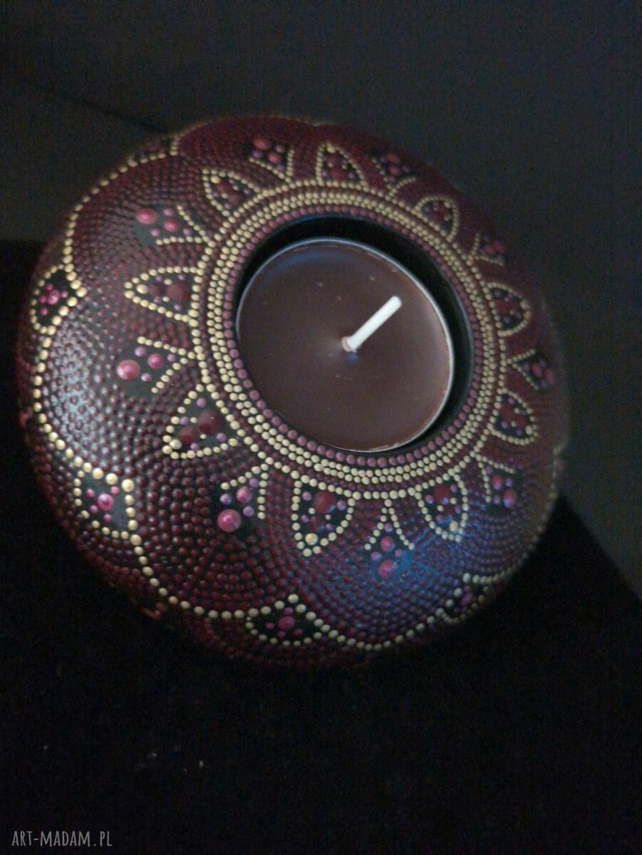 Świecznik Tealight Mandala - ręcznie robiony dotting w kolorach bordo, róż i złoto