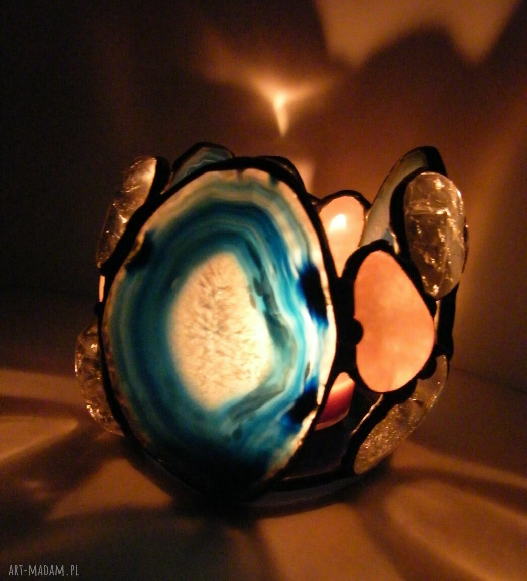 Świecznik z niebieskimi agatami - hand-made witrażka Tiffany'ego