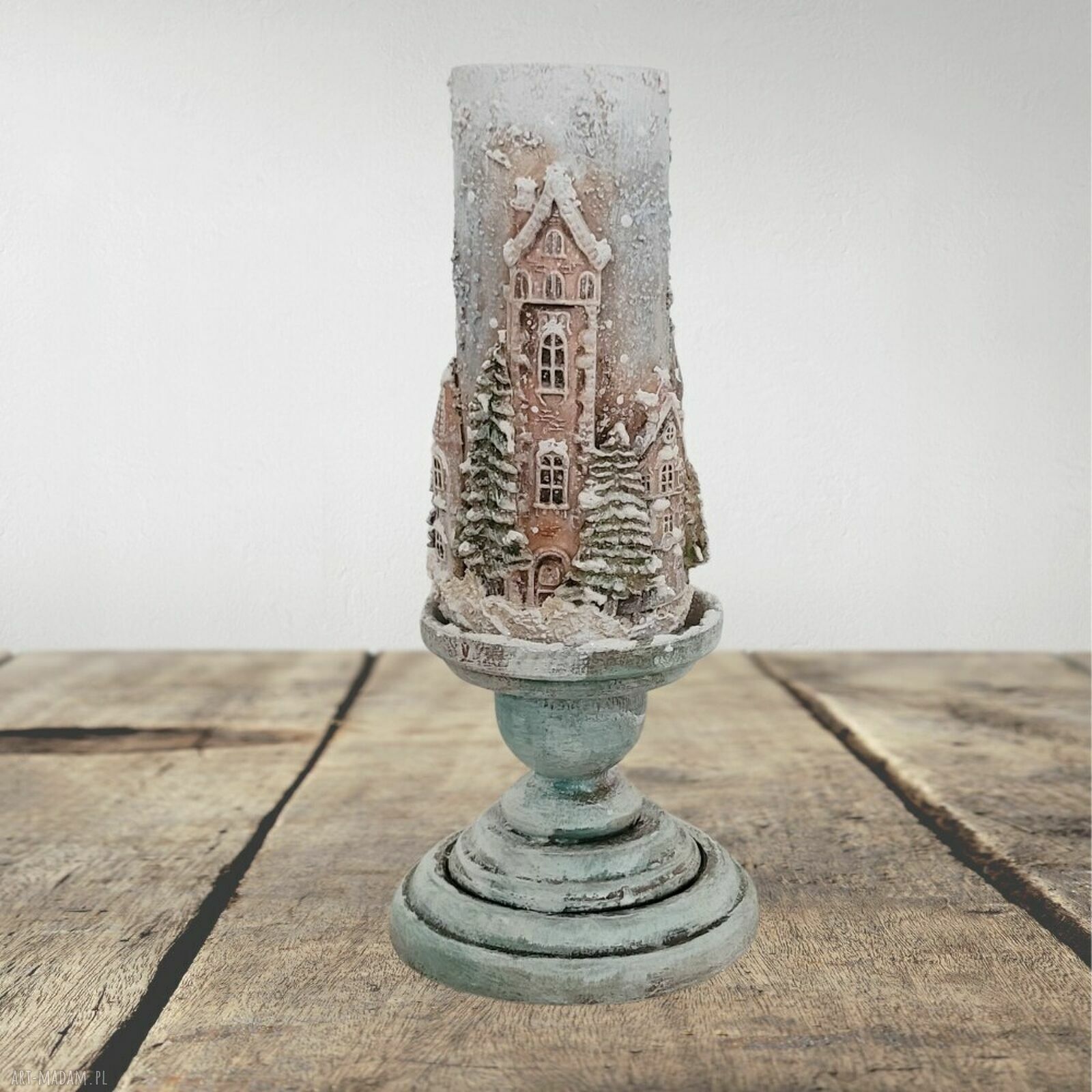 Świecznik z zimowymi kamieniczkami na tealight - dekoracja stołu 25 cm