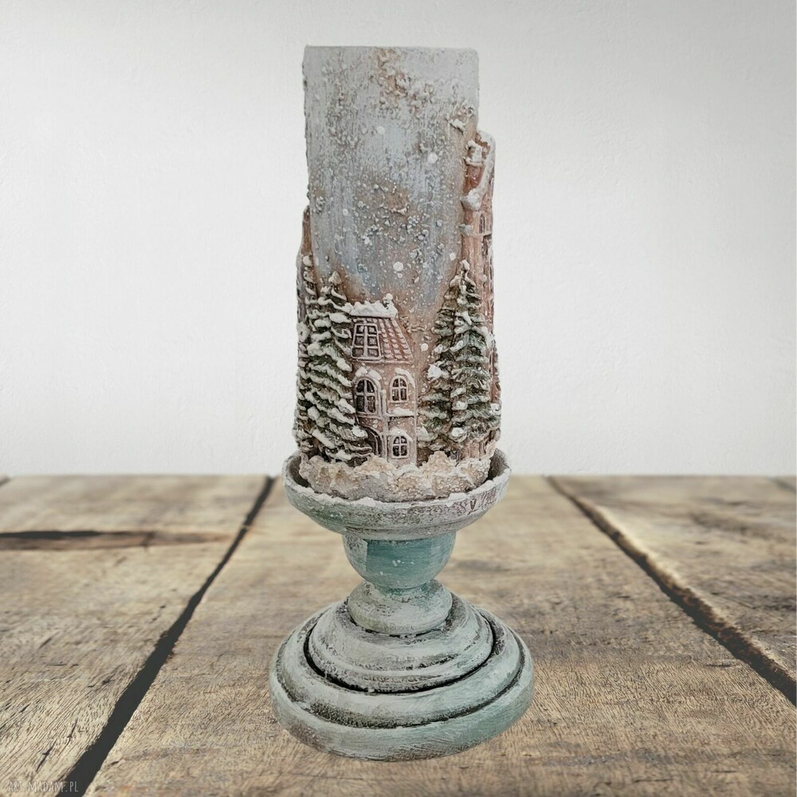Świecznik z zimowymi kamieniczkami na tealight - dekoracja stołu 25 cm