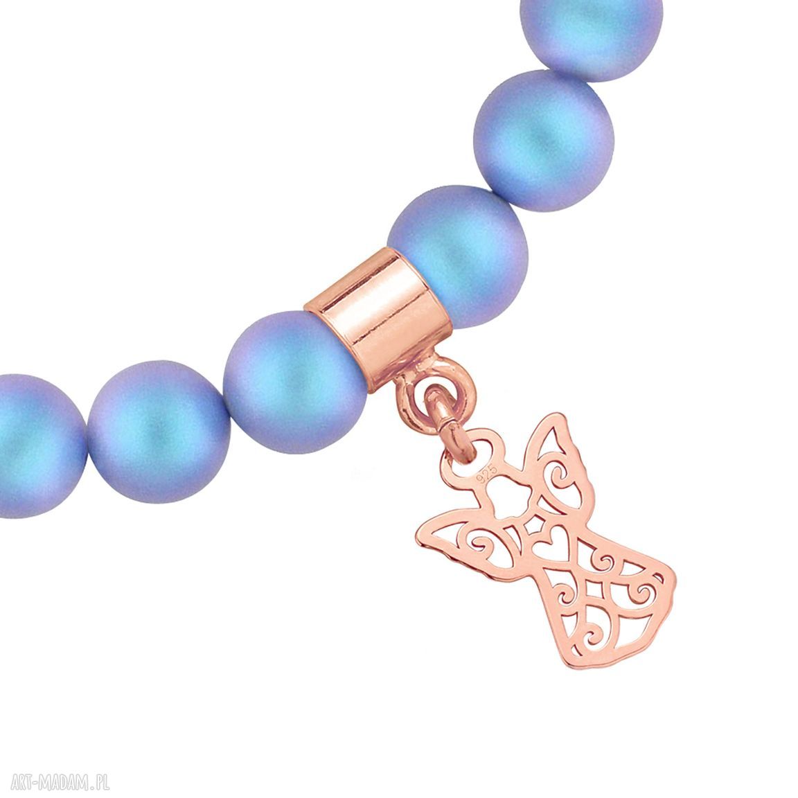 prezent: Niebieska bransoletka z pereł SWAROVSKI® CRYSTAL z ażurowym aniołkiem