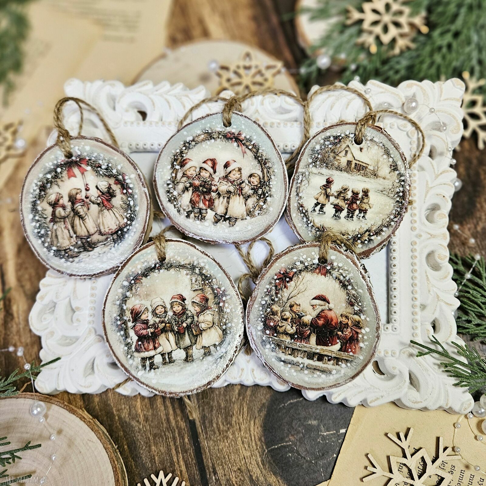 Zimowe plasterki - dekoracje choinkowe decoupage vintage (zestaw 5 szt.)