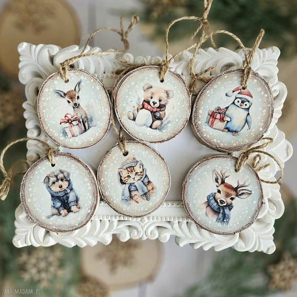 Pomysł prezent! Zimowe plasterki dekoracje choinkowe decoupage