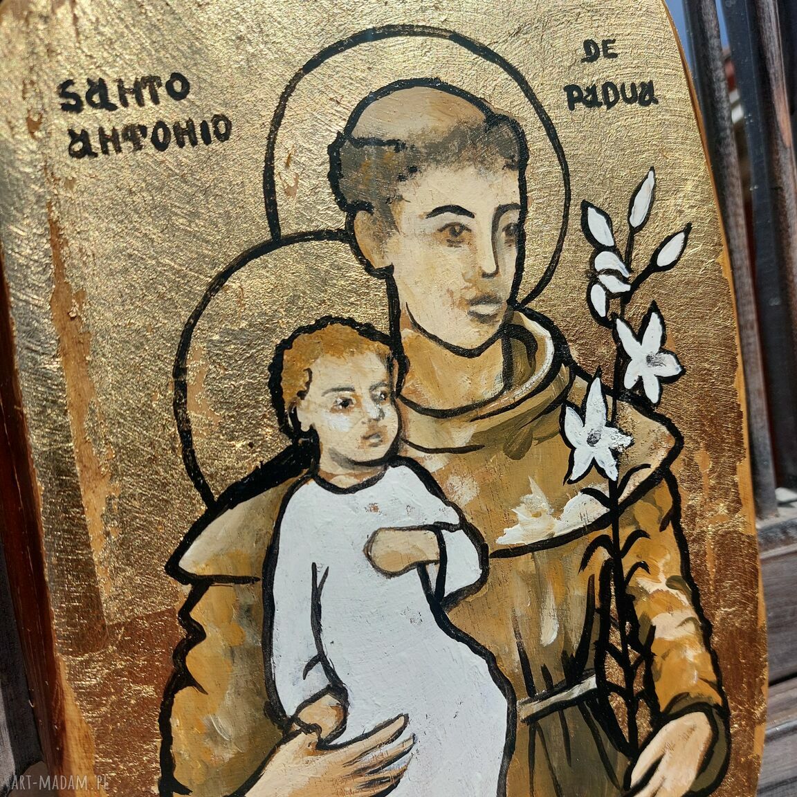 Święty Antoni - ikona malowana i złocona ręcznie 26x17 cm