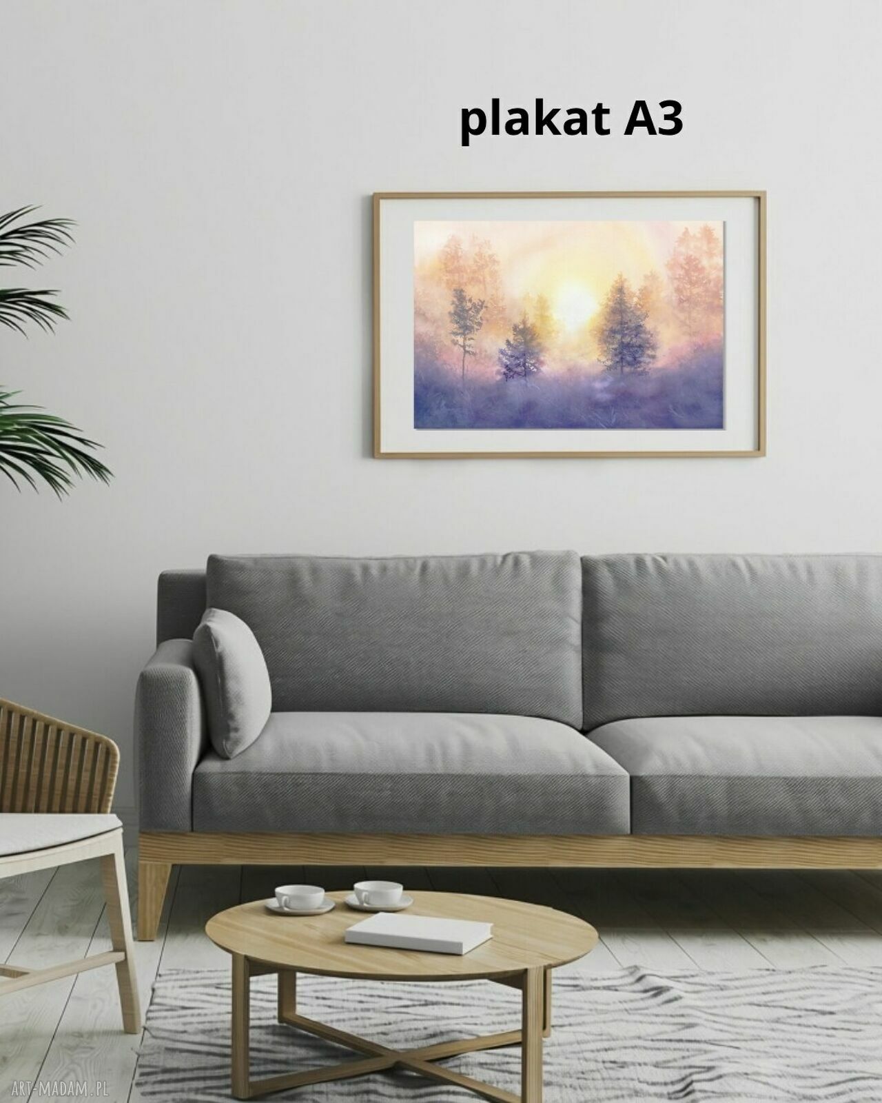 Świt w mglistym lesie - artystyczny plakat akwarelowy A3