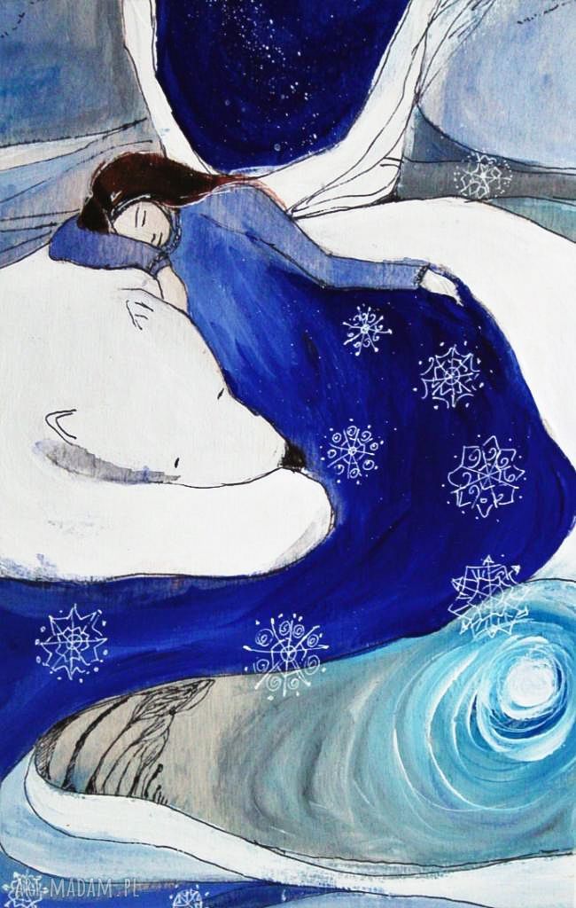 "Syberyjska historia" - zawieszka anioł malowany akrylami na drewnie