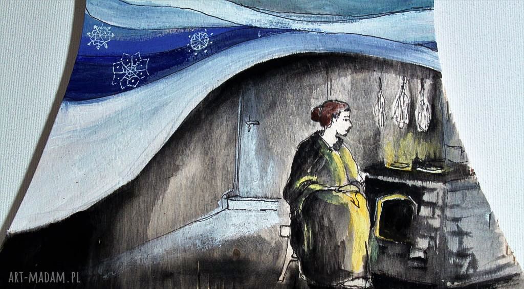 "Syberyjska historia" - zawieszka anioł malowany akrylami na drewnie