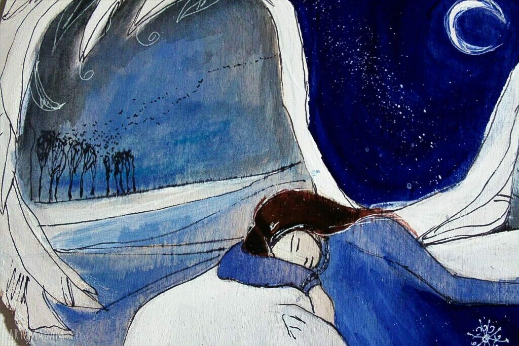 "Syberyjska historia" - zawieszka anioł malowany akrylami na drewnie