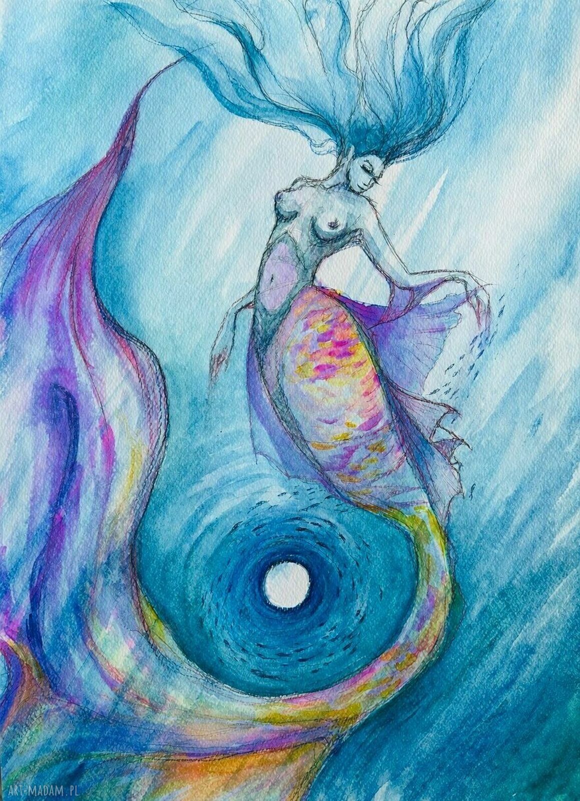 „Syrena i pełnia” - oryginalna akwarela na papierze A3