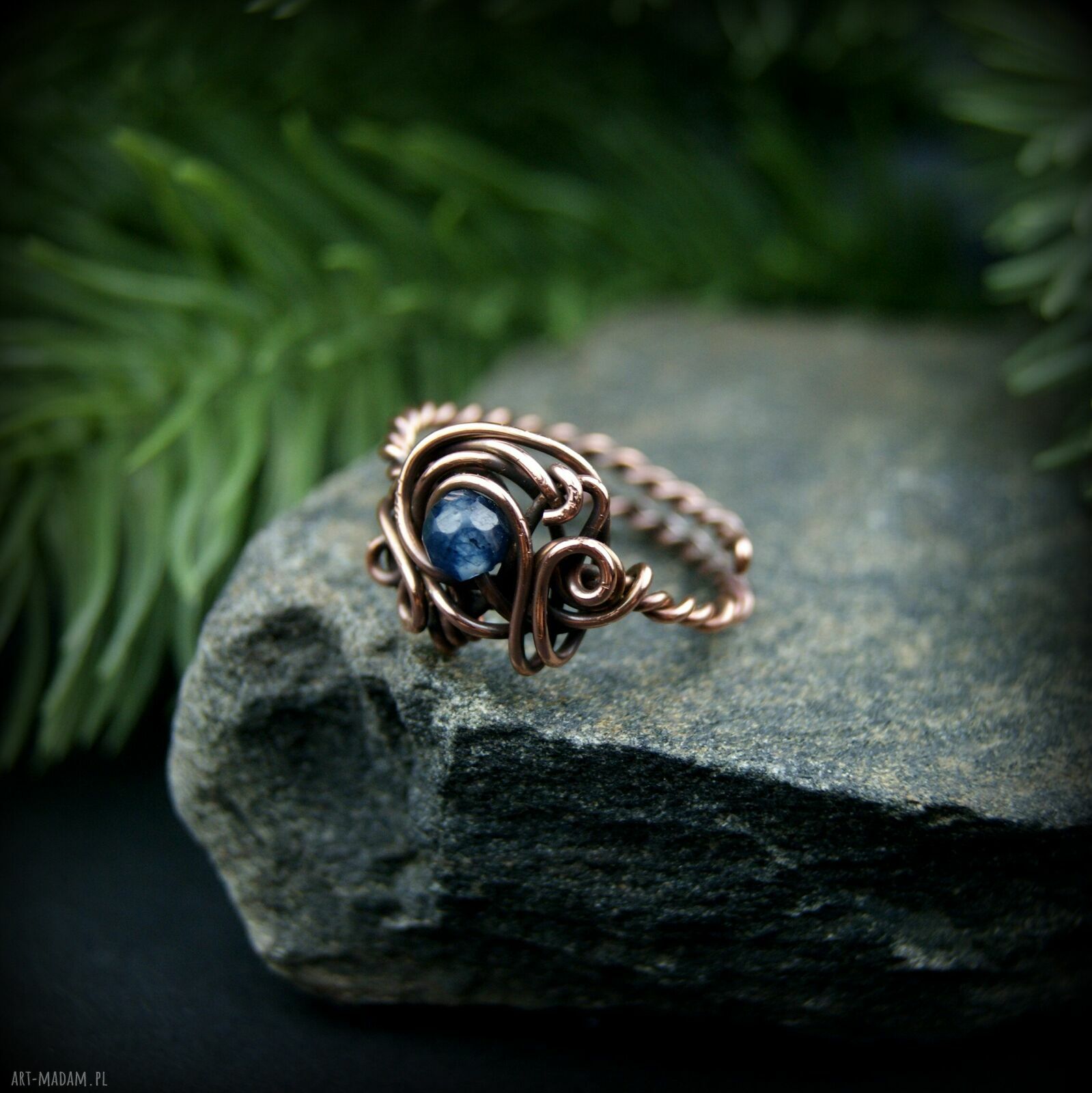 Szafir regulowany pierścionek z miedzi - wire wrapping