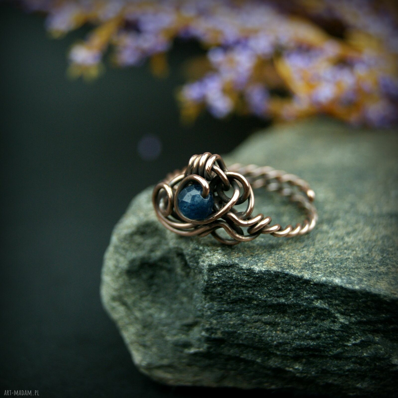 Szafirowy pierścionek z miedzi - regulowany wire wrapping