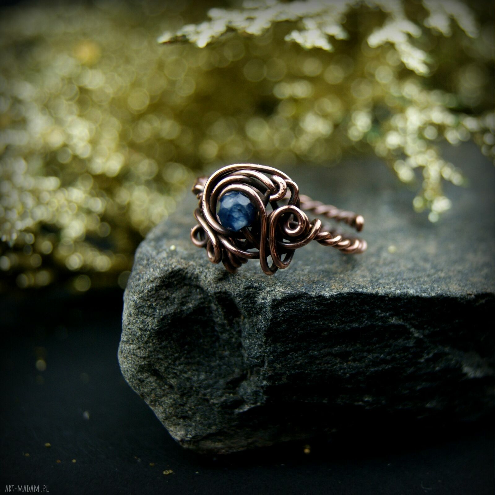 Szafir regulowany pierścionek z miedzi - wire wrapping