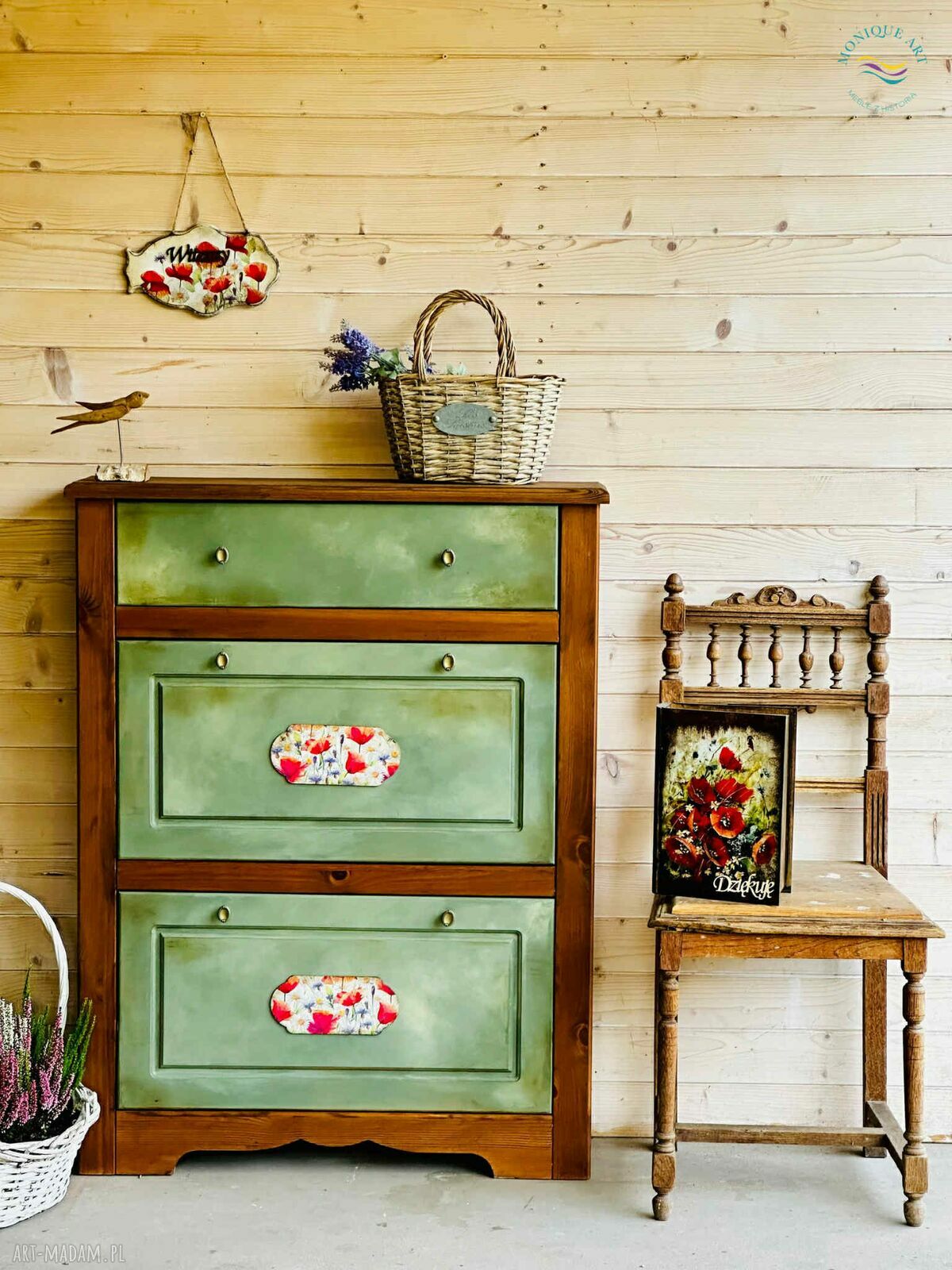 Szafka na buty ręcznie malowana sielska shabby chic - kwiatowe motywy