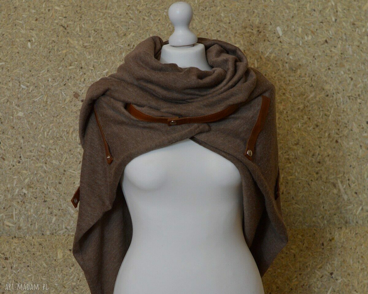 Szal, chusta, narzutka, ponczo ze skórą jasny brąz Handmade