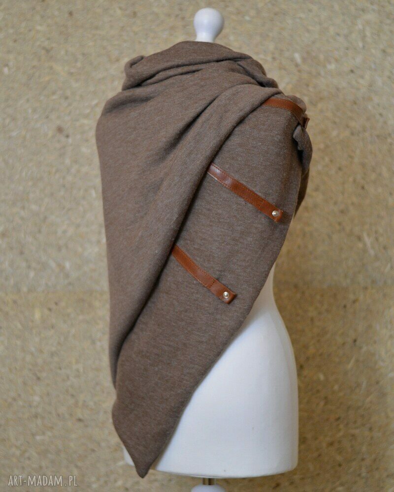 Szal, chusta, narzutka, ponczo ze skórą jasny brąz Handmade