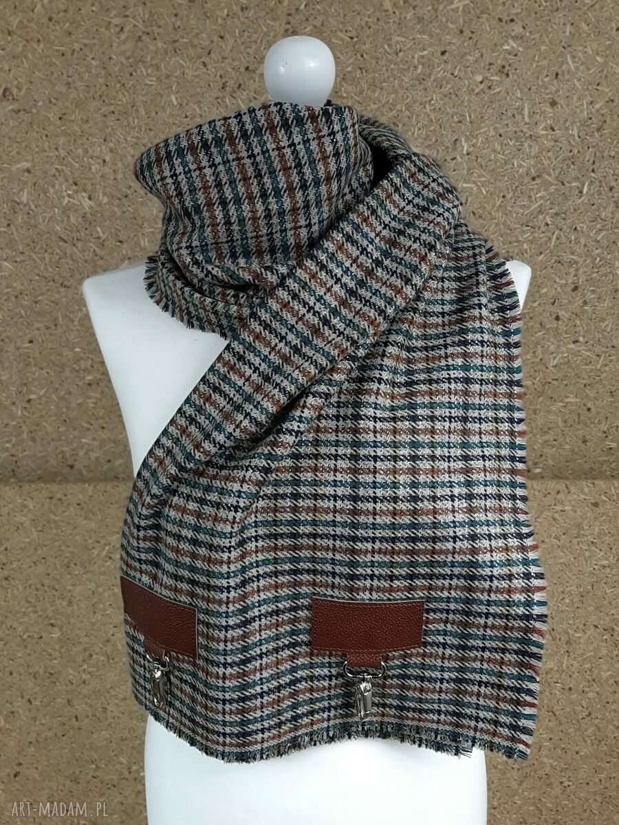 Szal, chusta, ponczo, narzutka, brąz beż wełna ze skórą Hand Made