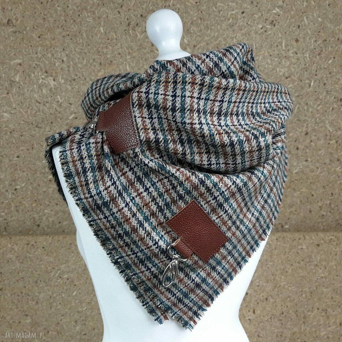 Szal, chusta, ponczo, narzutka, brąz beż wełna ze skórą Hand Made