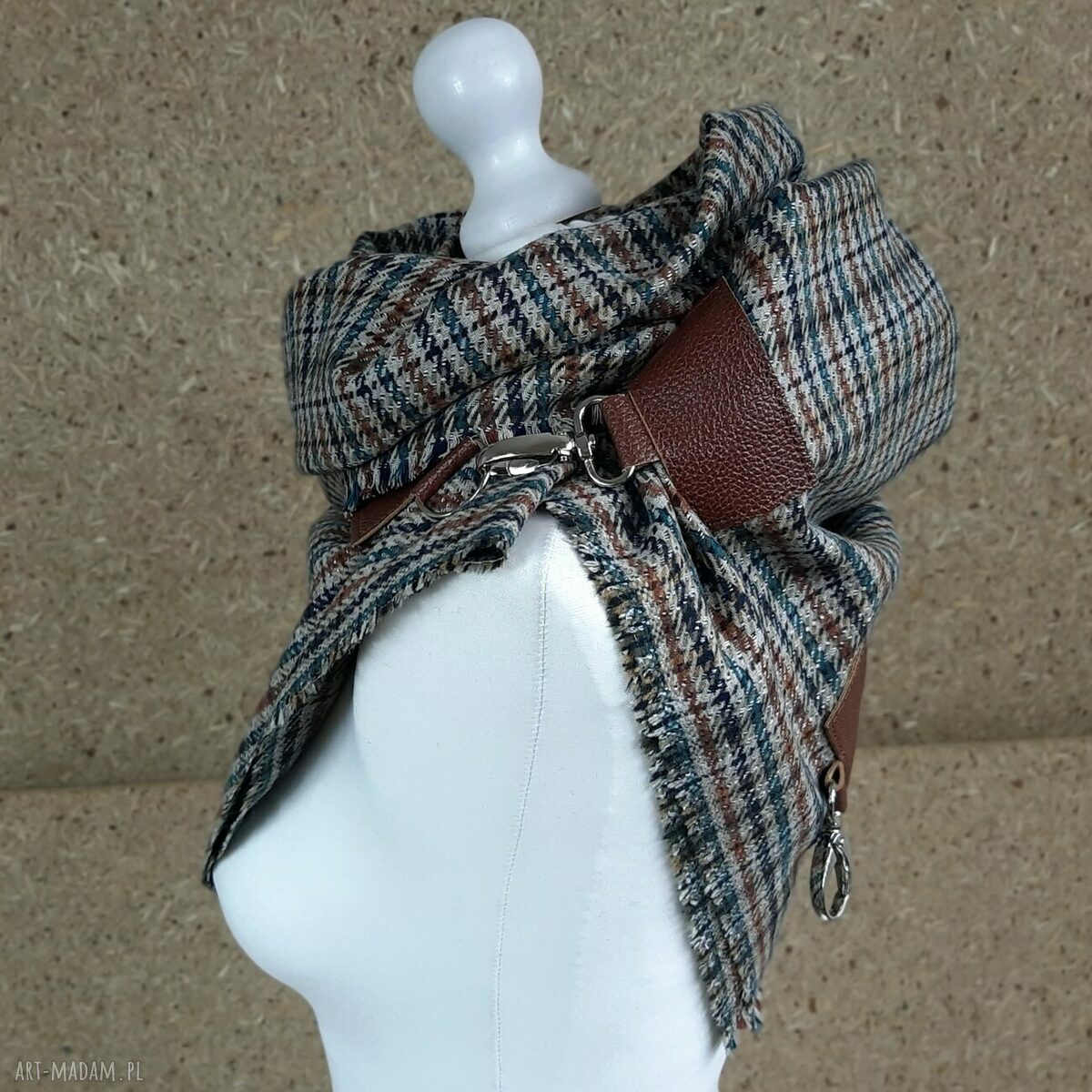 Szal, chusta, ponczo, narzutka, brąz beż wełna ze skórą Hand Made