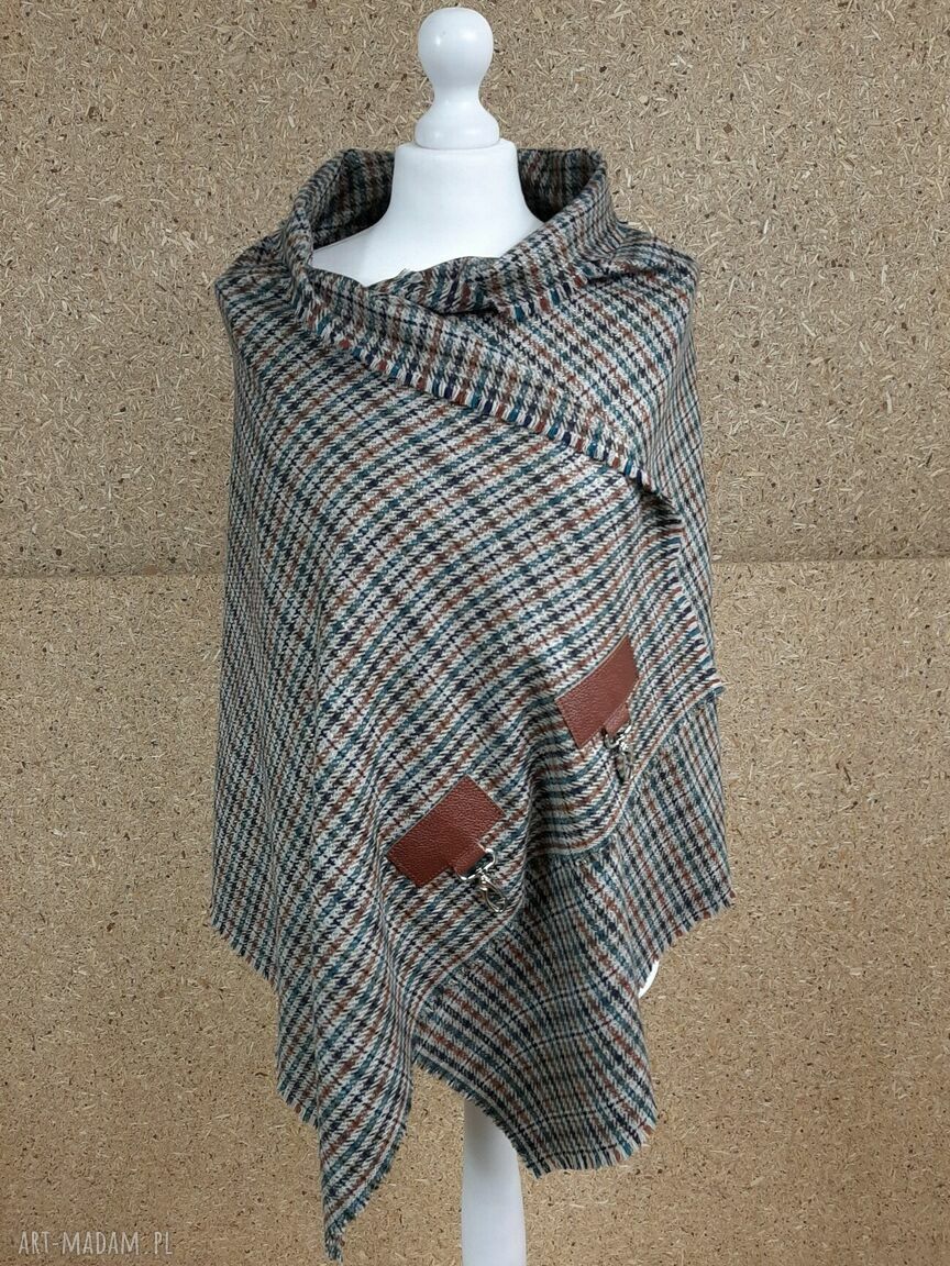 Szal, chusta, ponczo, narzutka, brąz beż wełna ze skórą Hand Made