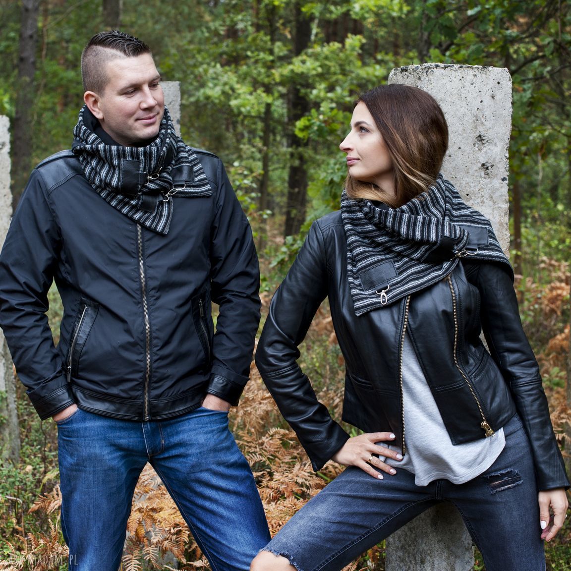 Szal czarny prążek wełna skórą komin unisex wełniany skórzana
