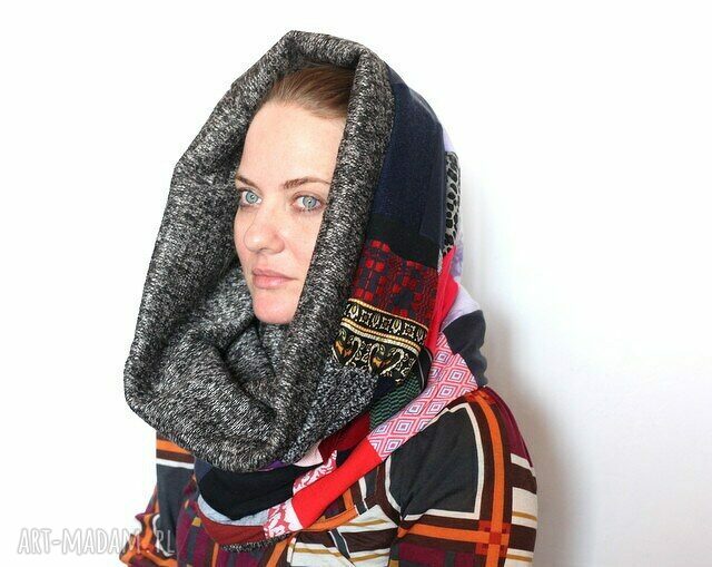 Duży szal patchworkowy boho z wełnianą podszewką