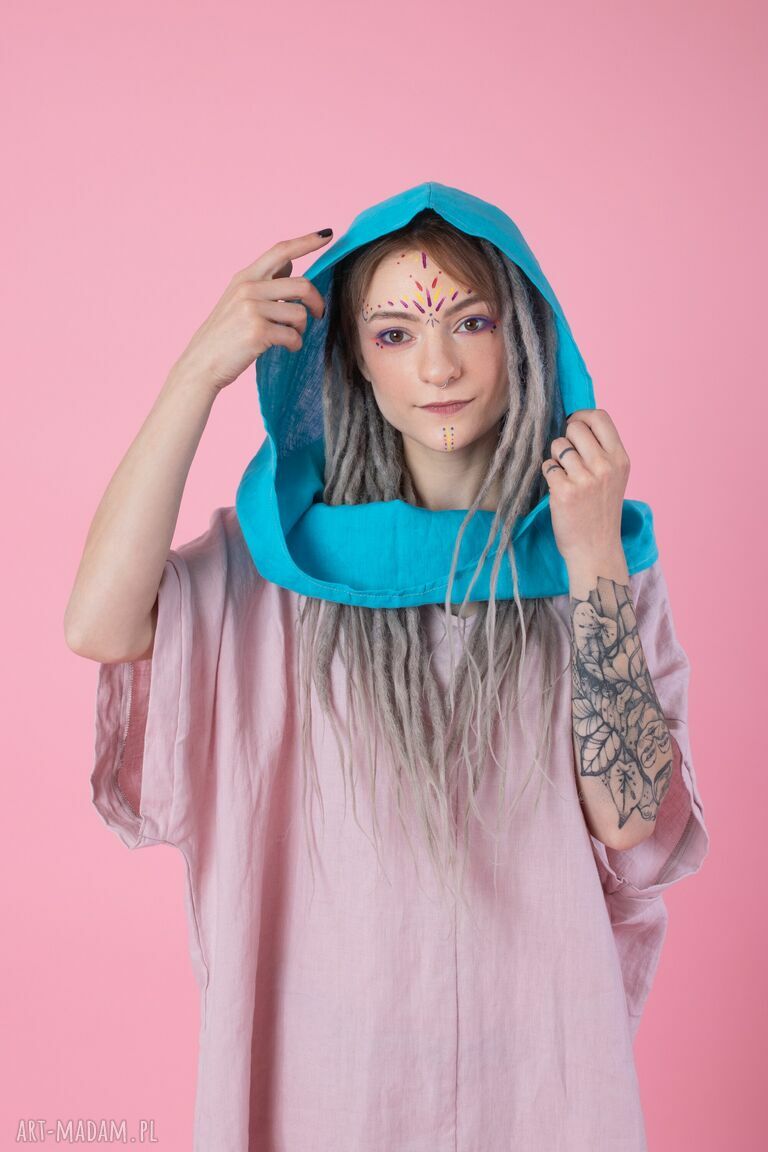 Lniany szal z kapturem (komin) z 100% lnu - turkusowy handmade