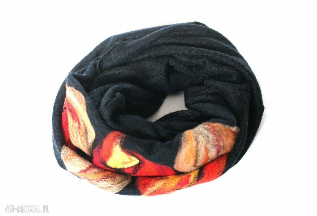 Komin szal wełniany w kwiaty folkowy - ciepła tuba handmade