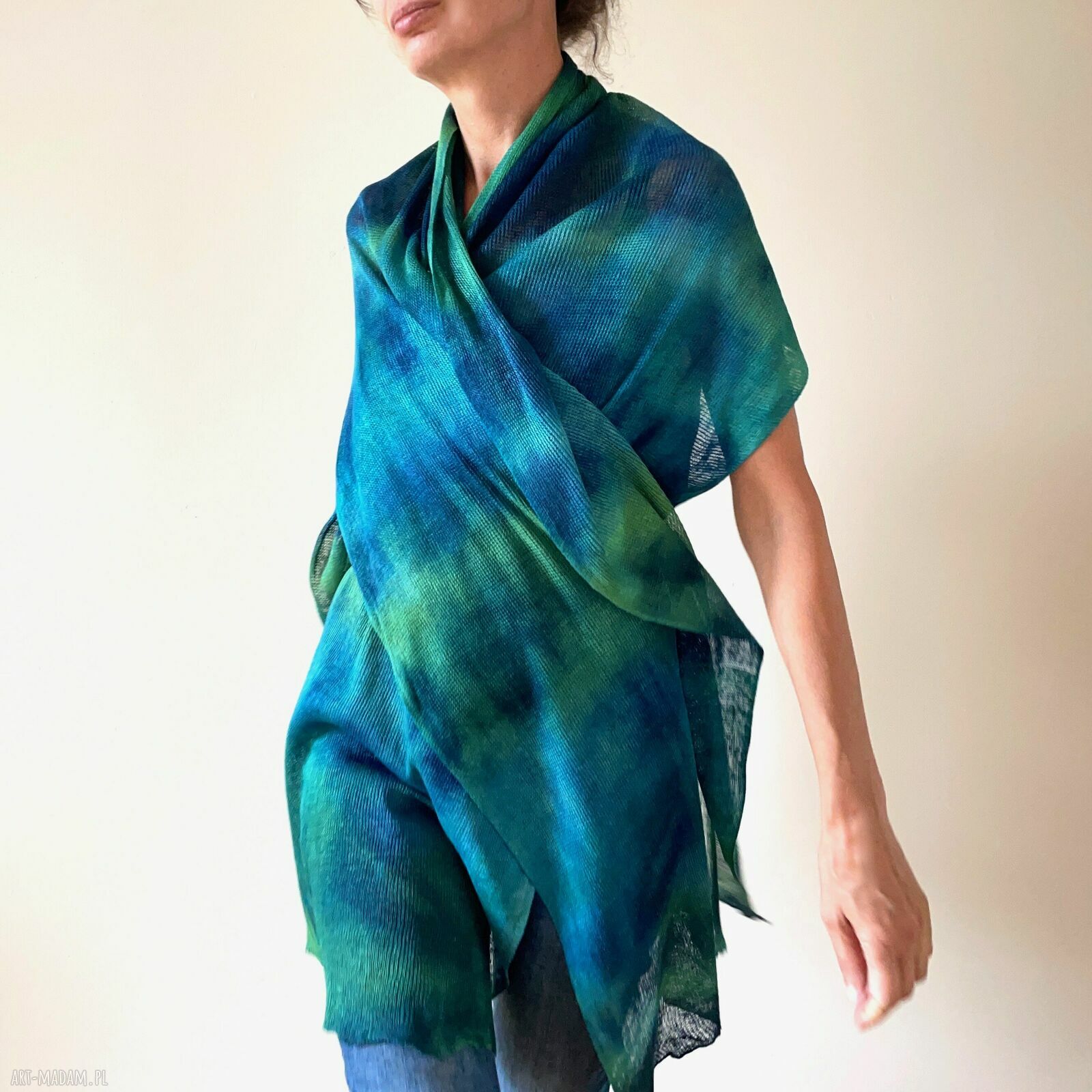 Szal lniany blue&green - unikat ręcznie barwiony