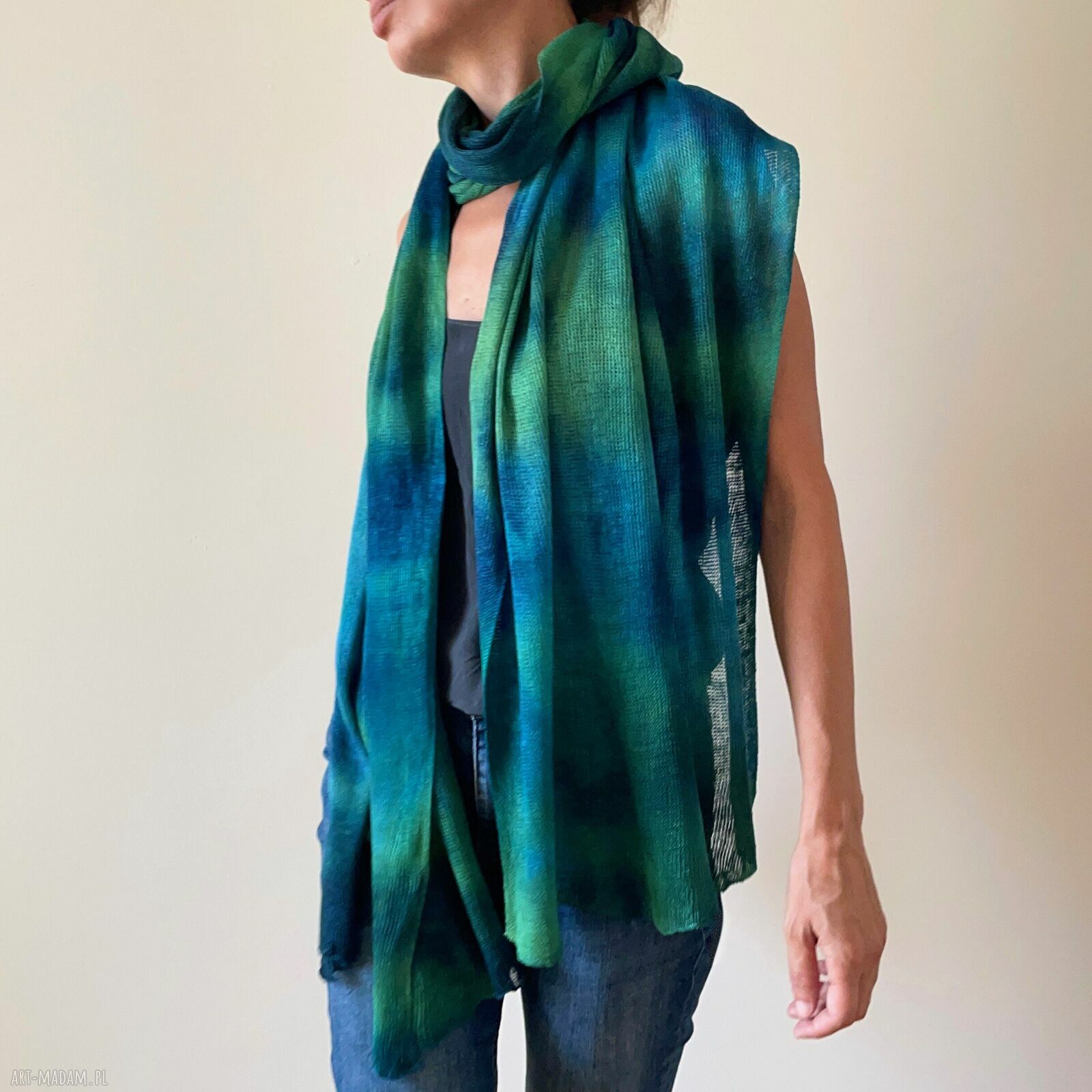 Szal lniany blue&green - unikat ręcznie barwiony