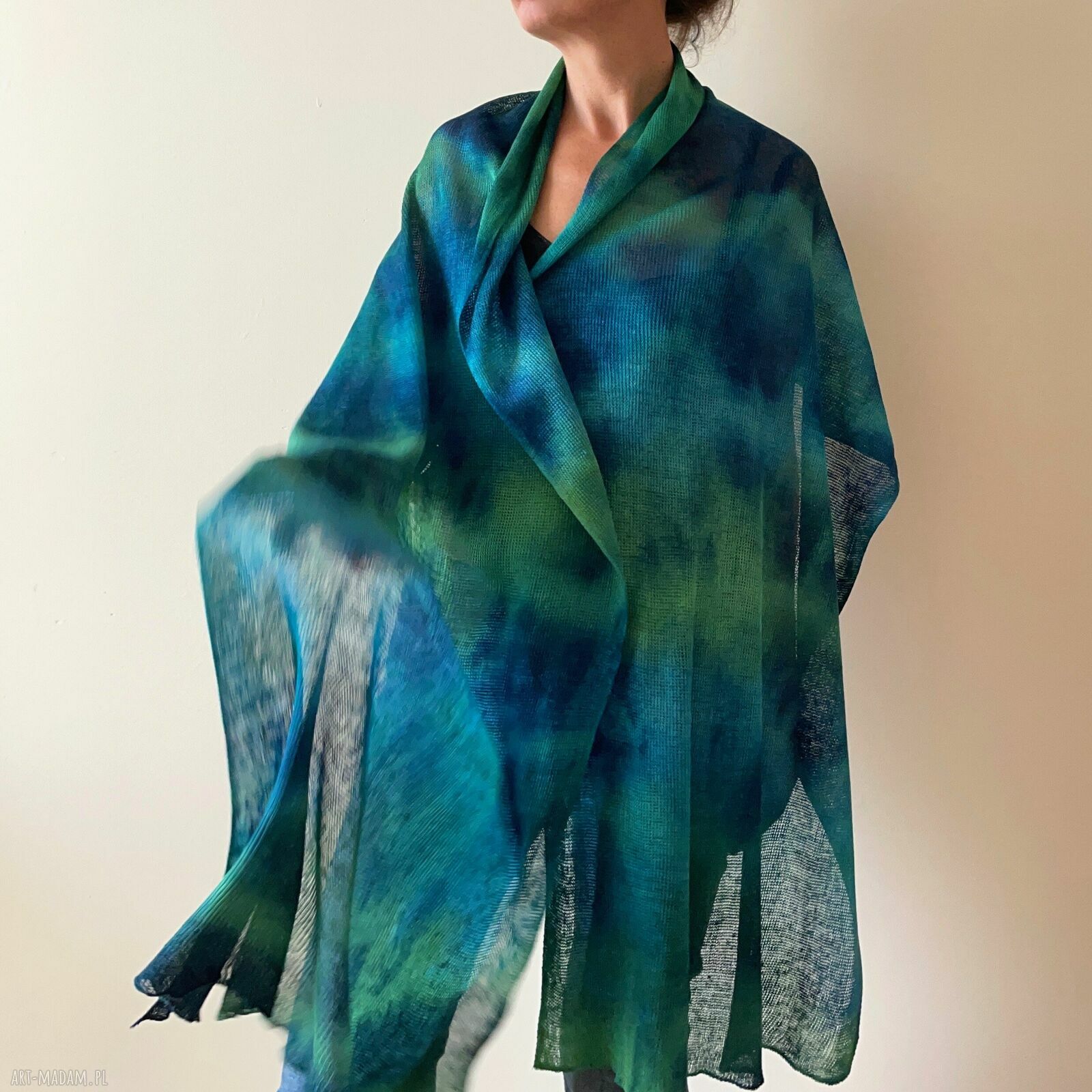 Szal lniany blue&green - unikat ręcznie barwiony