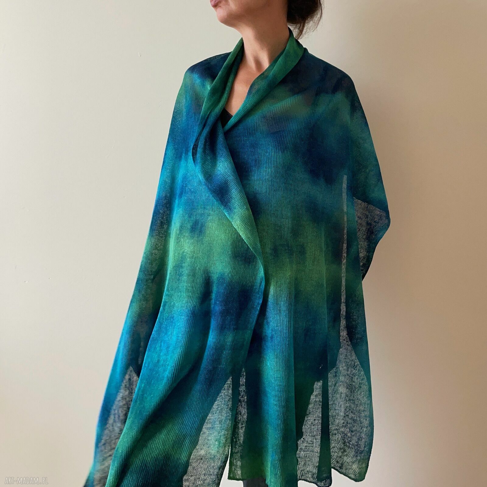 Szal lniany blue&green - unikat ręcznie barwiony