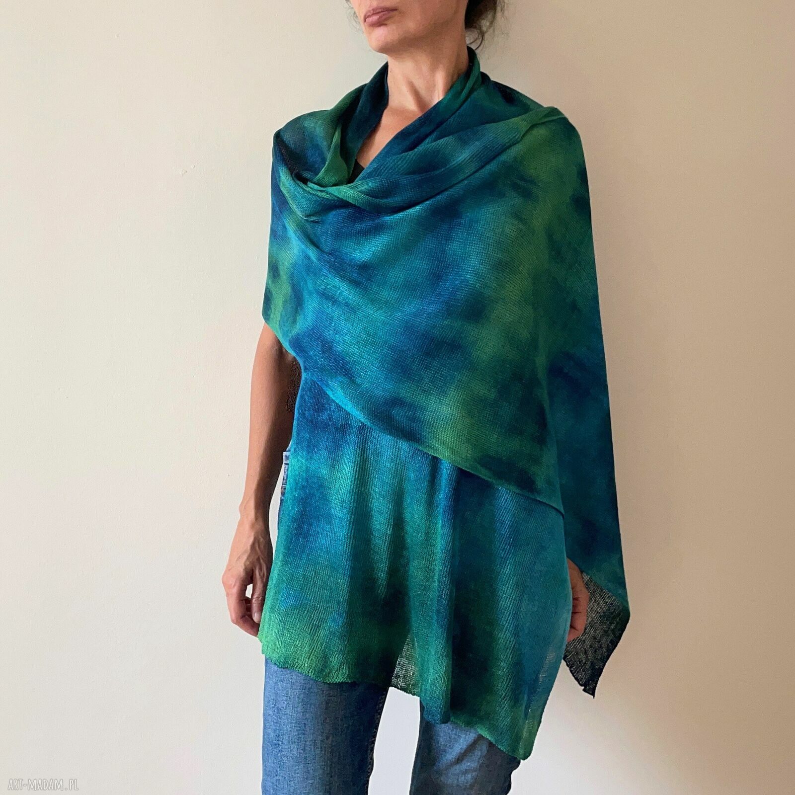 Szal lniany blue&green - unikat ręcznie barwiony