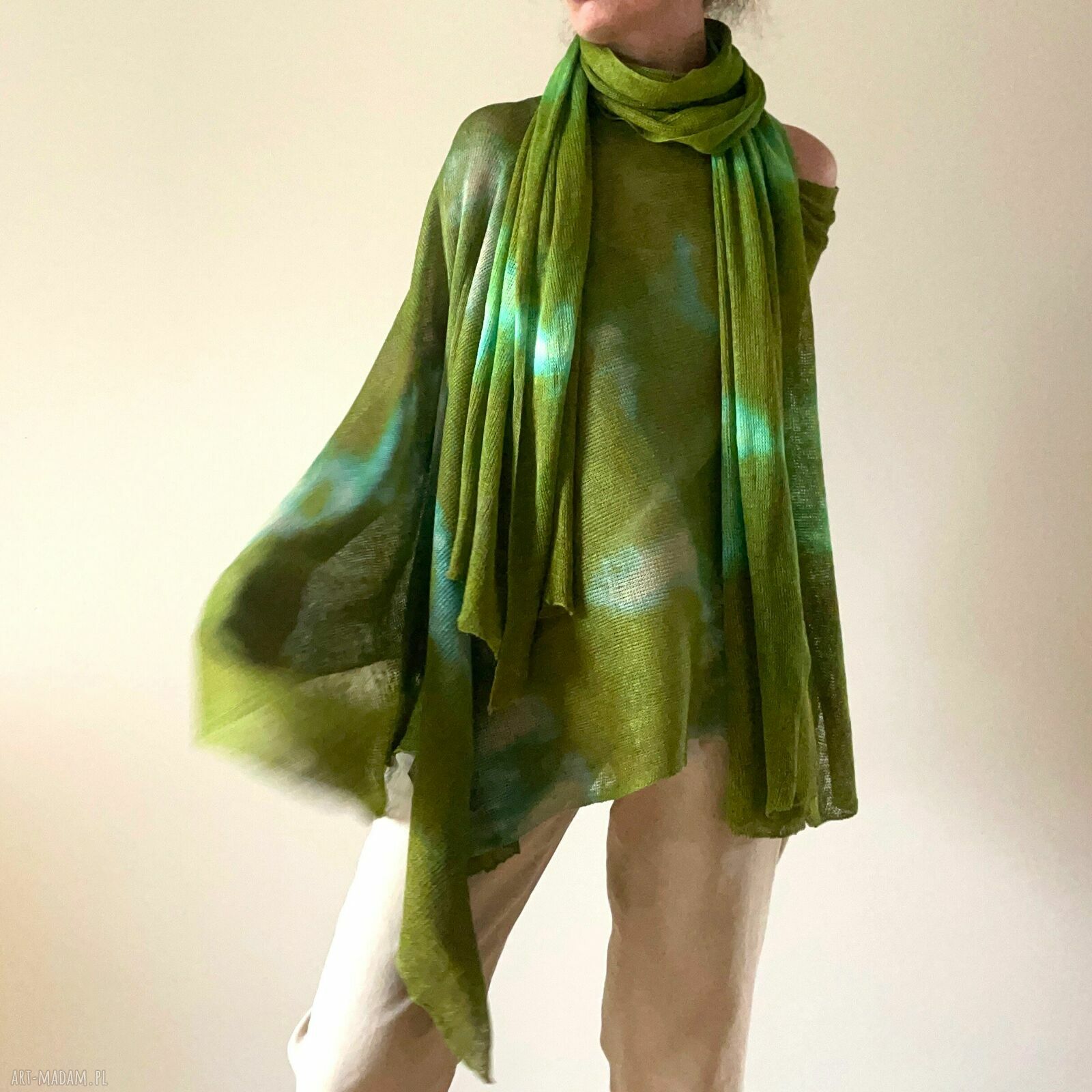 Szal lniany w zieleniach - ręcznie barwiony 100% lnu (unisex), fair trade, unikatowy