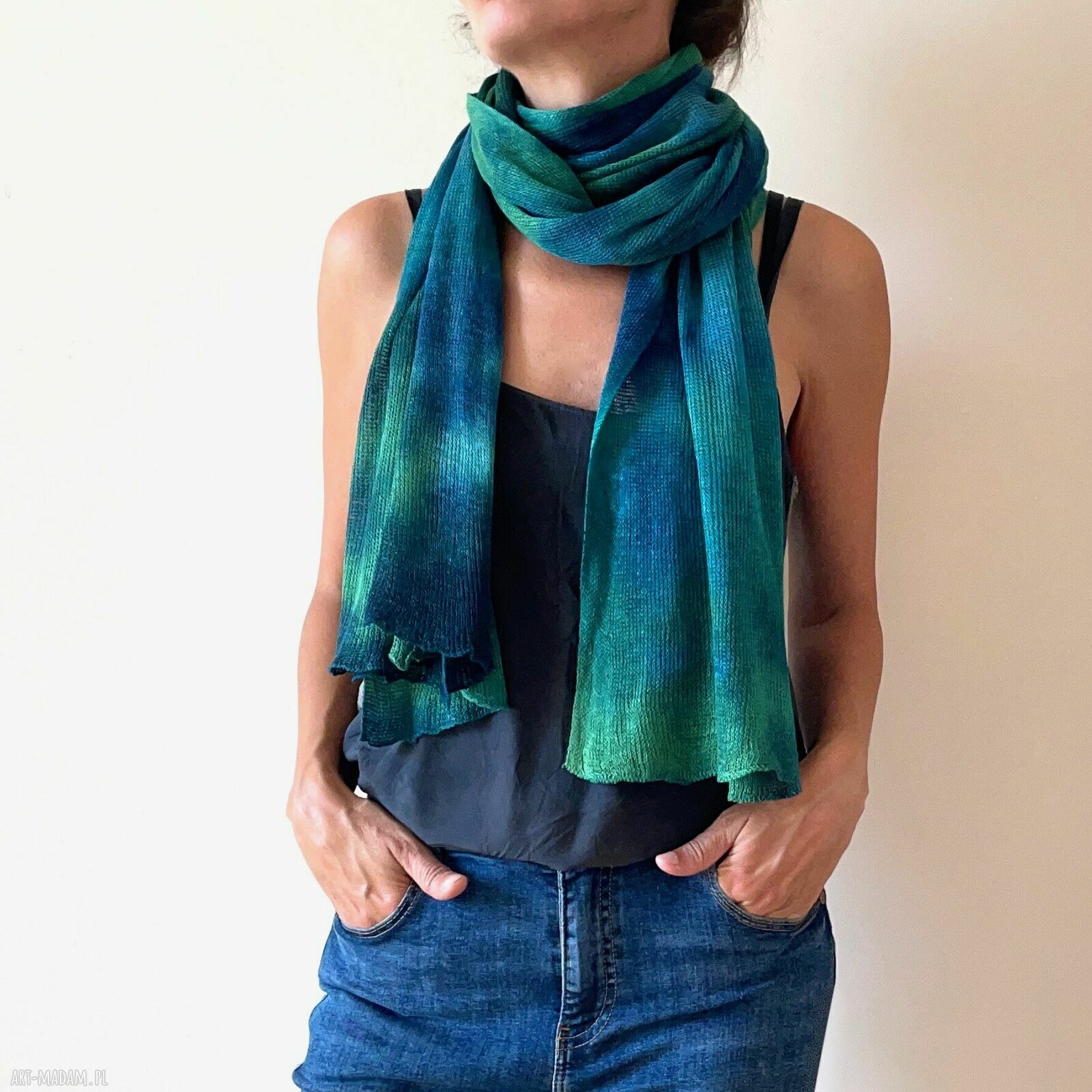 Szal lniany blue&green - unikat ręcznie barwiony